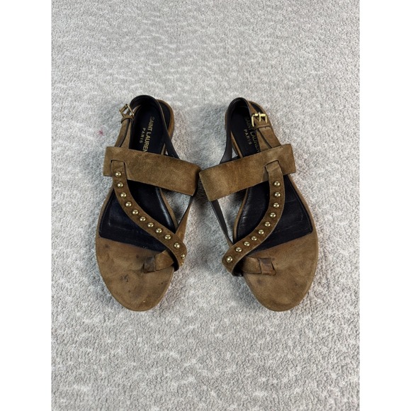 Saint Laurent Sandals Womens Size 39 Suede Studded Toe Ring Slingback Italy - Picture 1 of 8